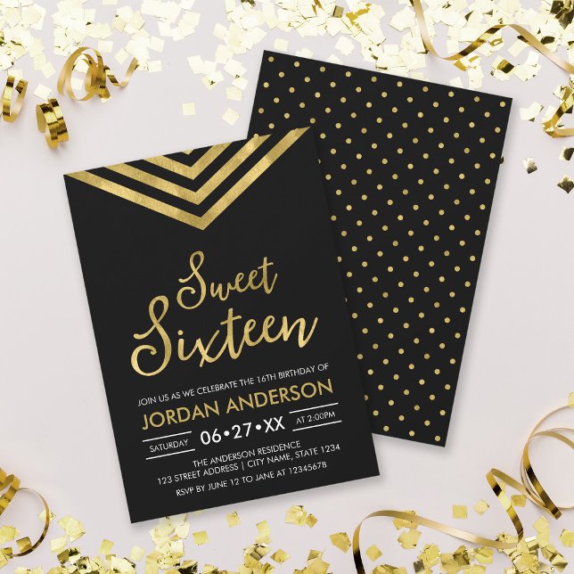 Modern Faux Gold Chevron Sweet 16 Birthday Invitation (Creator Uploaded)