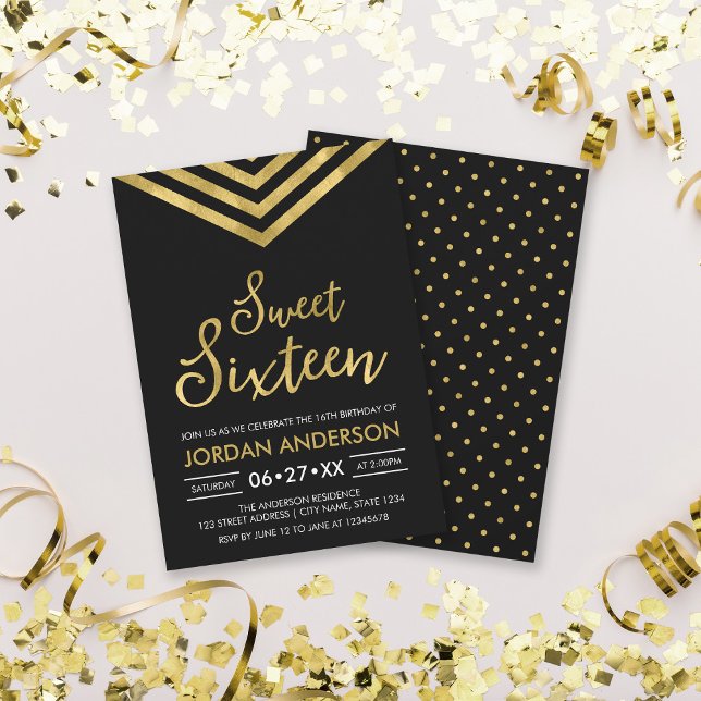 Modern Faux Gold Chevron Sweet 16 Birthday Invitation (Creator Uploaded)