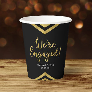 Modern Faux Gold Chevron We're Engaged Engagement Paper Cups