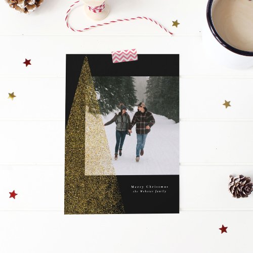 Modern faux gold Christmas tree black one photo Holiday Card