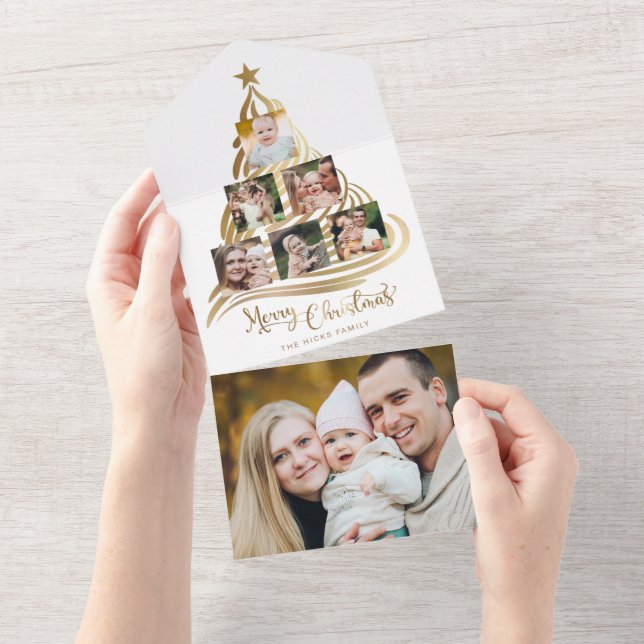 Modern Faux Gold Christmas Tree Family Multiphoto  All In One Invitation (Tearaway)