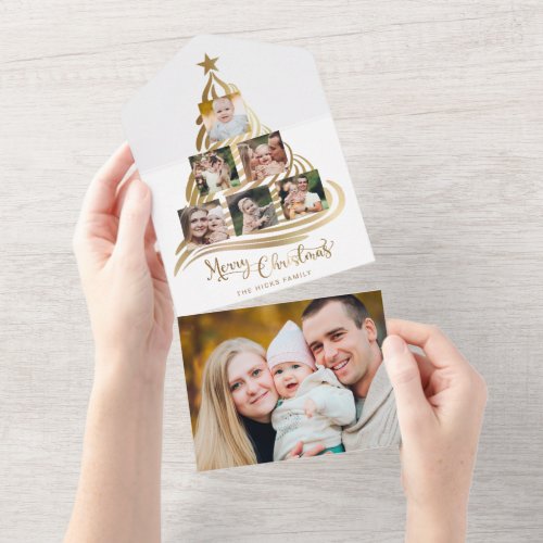 Modern Faux Gold Christmas Tree Family Multiphoto  All In One Invitation