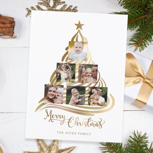 Modern Faux Gold Christmas Tree Family Multiphoto  Holiday Card