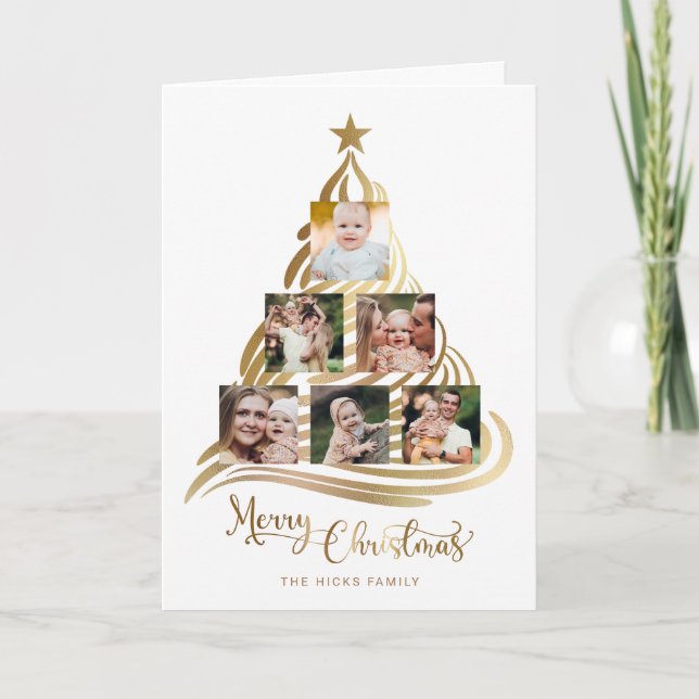 Modern Faux Gold Christmas Tree Family Multiphoto  Holiday Card (Front)