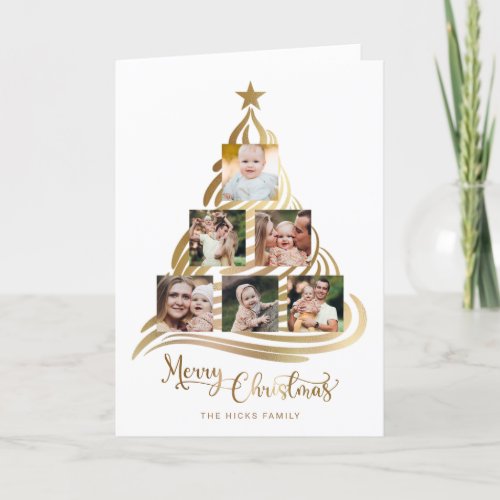 Modern Faux Gold Christmas Tree Family Multiphoto  Holiday Card