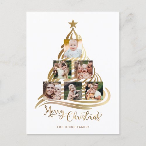 Modern Faux Gold Christmas Tree Family Multiphoto  Holiday Postcard