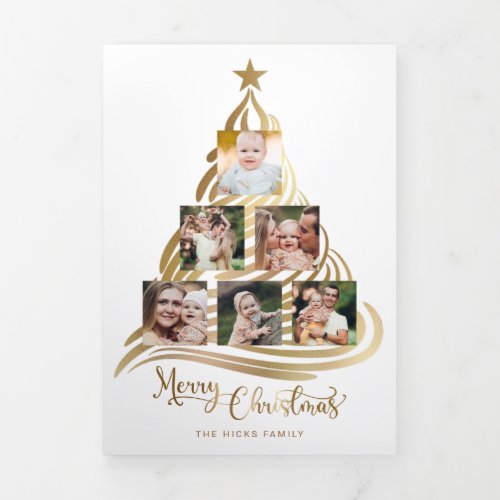 Modern Faux Gold Christmas Tree Family Multiphoto  Tri_Fold Card