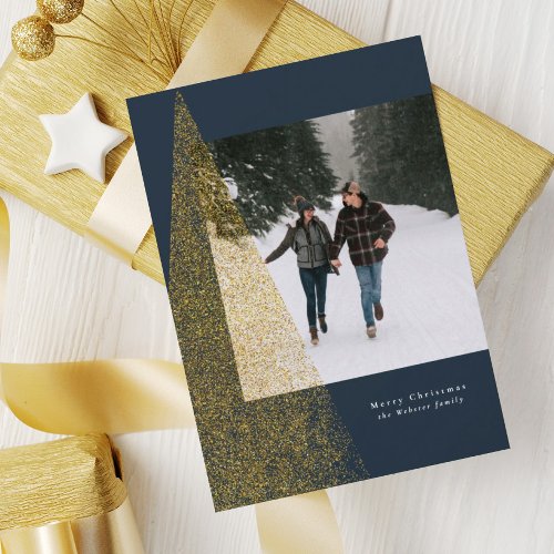 Modern faux gold Christmas tree navy one photo Holiday Card