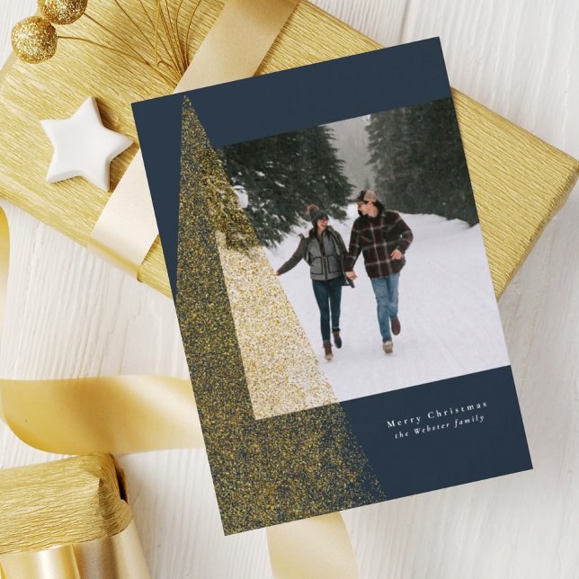 Modern faux gold Christmas tree navy one photo Holiday Card (Creator Uploaded)