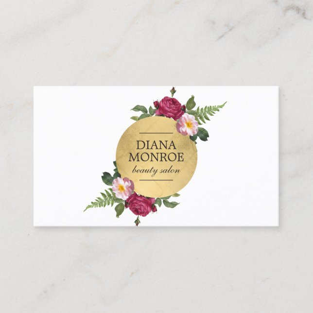 Modern Faux Gold Circle Floral Wreath Logo Business Card (Front)