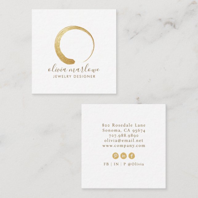 Modern Faux Gold Circle Jewelry Designer Logo Square Business Card (Front/Back)