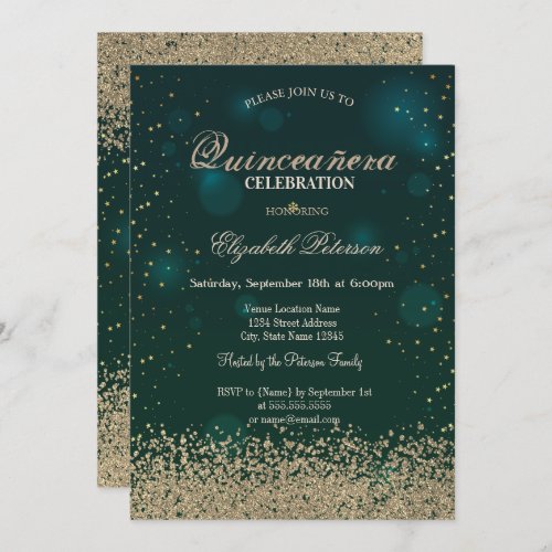 Modern Faux Gold Diamonds Green Quinceaera Invitation