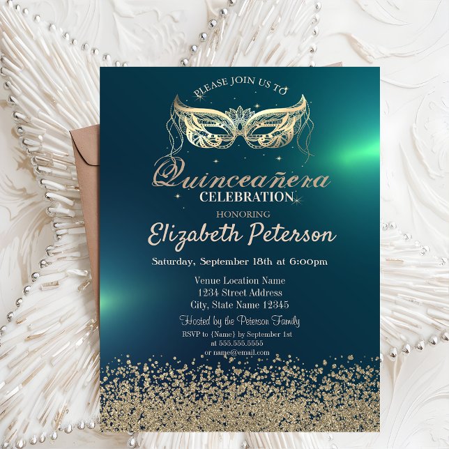 Modern Faux Gold Diamonds,Masquerade Quinceañera Invitation (Creator Uploaded)