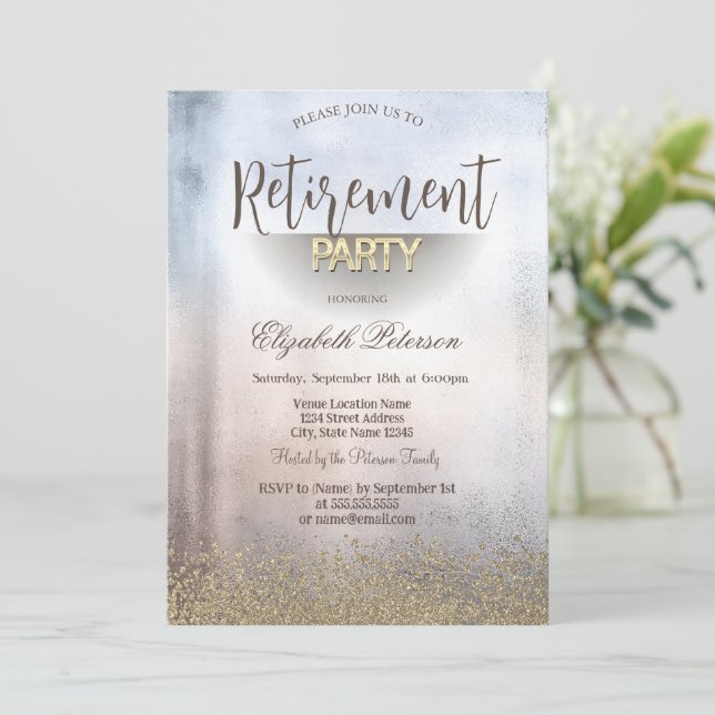 Modern Faux Gold Diamonds Metallic  Retirement Invitation (Standing Front)