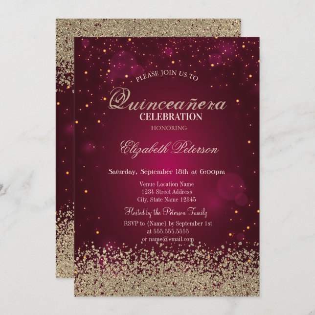 Modern Faux Gold Diamonds Red Quinceañera Invitation (Front/Back)