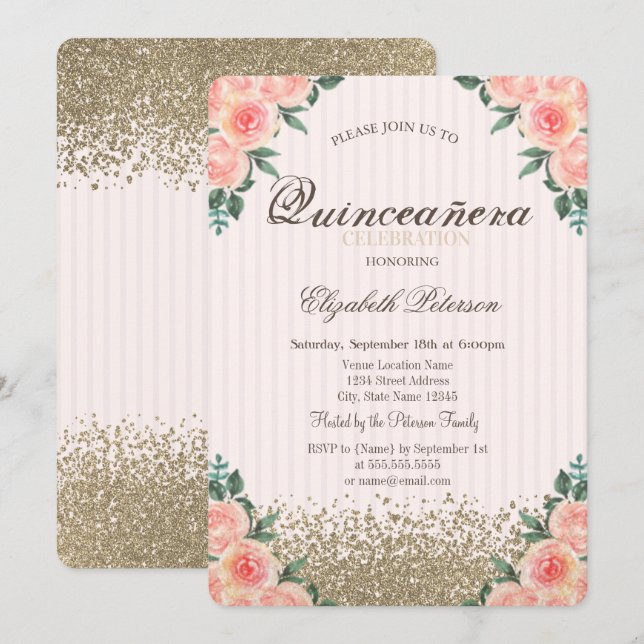 Modern Faux Gold Diamonds Roses Stiped Quinceañera Invitation (Front/Back)