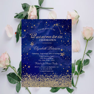 Modern Faux Gold Diamonds Stars Blue Quinceañera Invitation