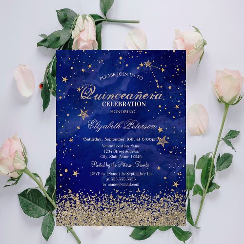 Modern Faux Gold Diamonds Stars Blue Quinceaera Invitation