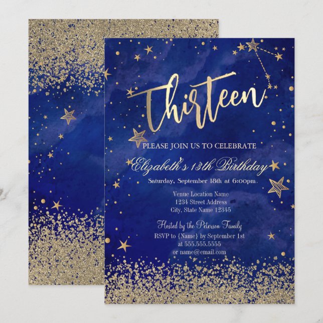 Modern Faux Gold Diamonds Stars Blue Thirteen Invitation (Front/Back)