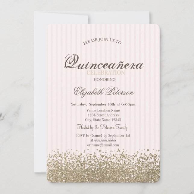 Modern Faux Gold Diamonds Stiped Quinceañera Invitation (Front)
