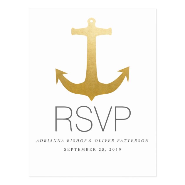Modern Faux Gold Foil Anchor Nautical Wedding RSVP Postcard