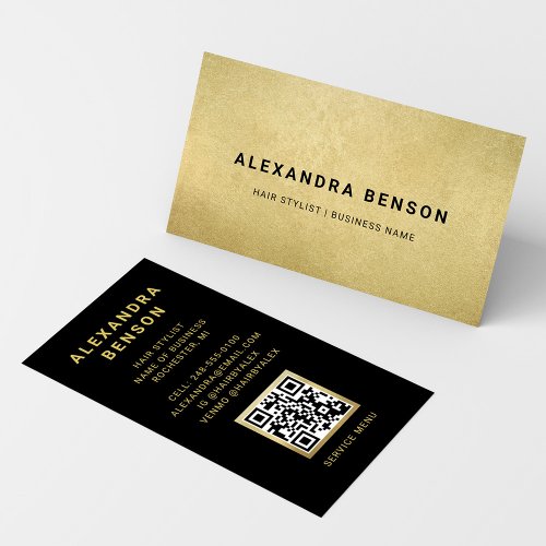 Modern Faux Gold Foil and Black QR Code Business Card