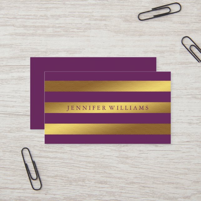 Modern Faux Gold Foil and Plum Stripes Business Card (Front/Back In Situ)