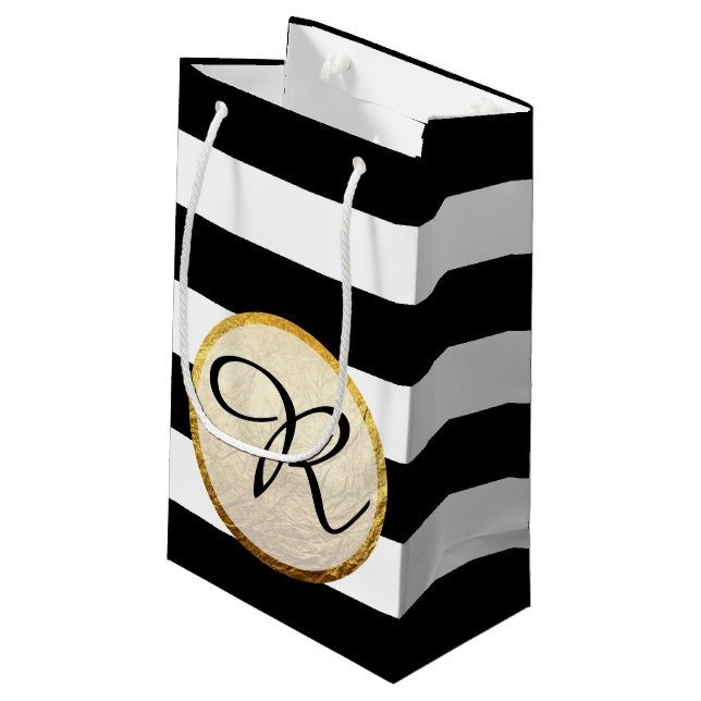 Modern Faux Gold Foil Black White Stripe Monogram Small Gift Bag (Back Angled)