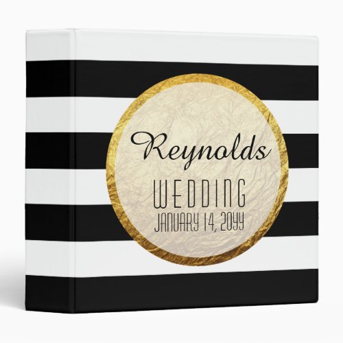 Modern Faux Gold Foil Black White Stripe Wedding 3 Ring Binder