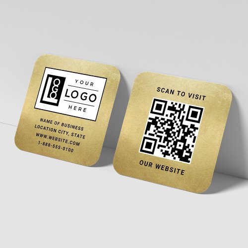 Modern Faux Gold Foil Custom Logo and QR Code Square Business Card