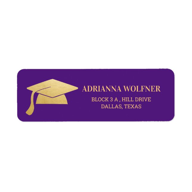 Modern Faux Gold Foil Graduation Hat Purple Label (Front)