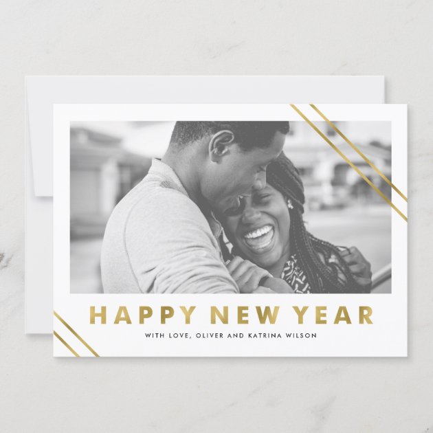 Modern Faux Gold Foil Happy New Year Photo Card