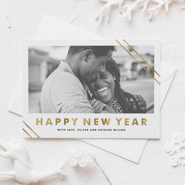 Modern Faux Gold Foil Happy New Year Photo Holiday Card (Modern Faux Gold Foil Happy New Year Photo Holiday Card)