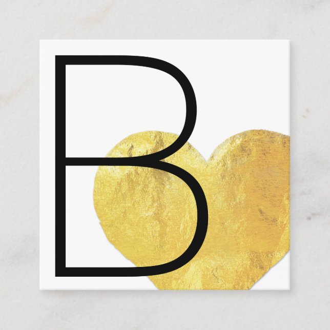 Modern Faux Gold Foil Heart Black and White Square Business Card (Front)