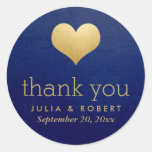 Modern Faux Gold Foil Heart Blue Wedding Thank You Classic Round Sticker at Zazzle
