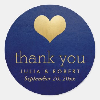 Modern Faux Gold Foil Heart Blue Wedding Thank You Classic Round Sticker by Wedding_Trends_Now at Zazzle