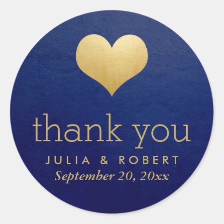 Modern Faux Gold Foil Heart Blue Wedding Thank You Classic Round Stick