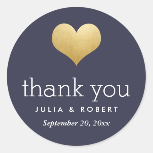 Modern Faux Gold Foil Heart Navy Blue Thank You Classic Round Sticker