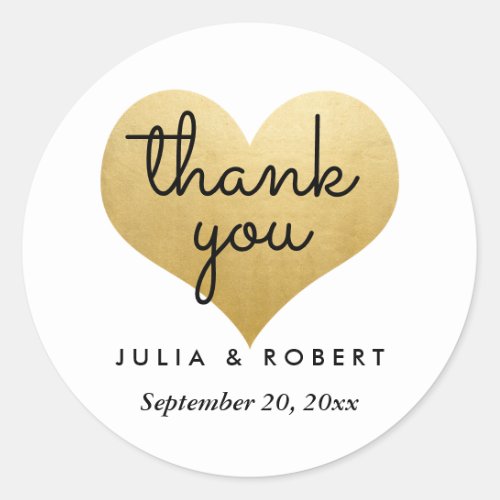 Modern Faux Gold Foil Heart Thank You Typography Classic Round Sticker