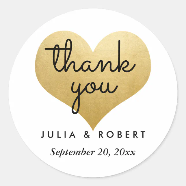 Modern Faux Gold Foil Heart Thank You Typography Classic Round Sticker ...