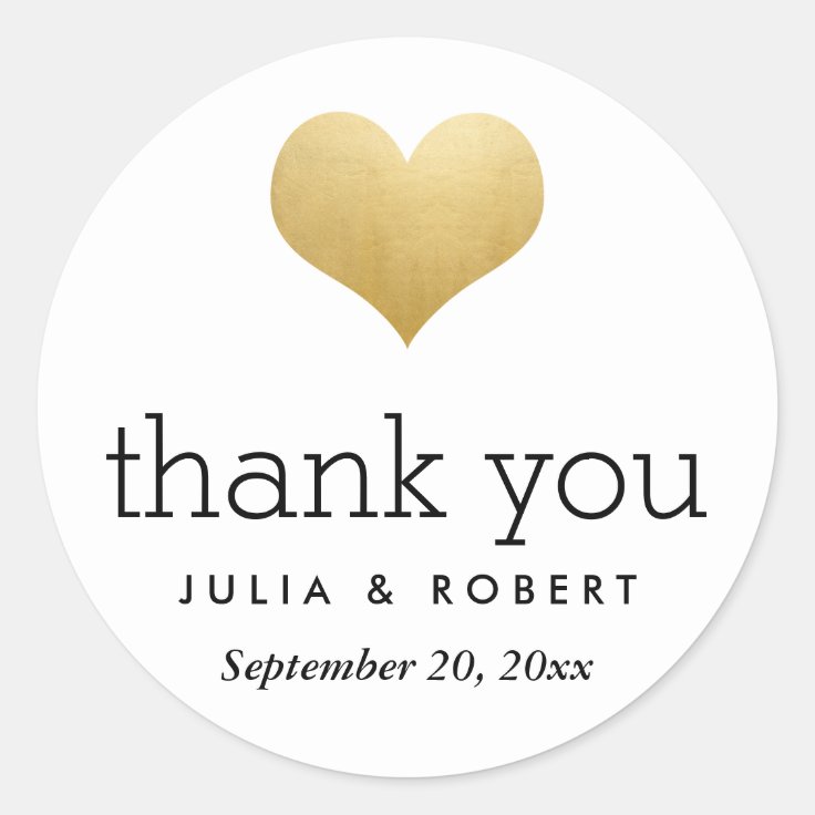 Modern Faux Gold Foil Heart Wedding Thank You Classic Round Sticker