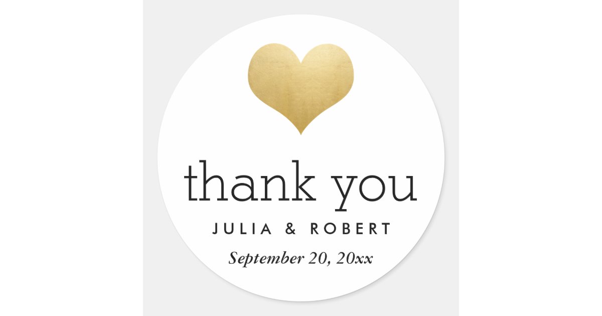 Modern Faux Gold Foil Heart Wedding Thank You Classic Round Sticker ...