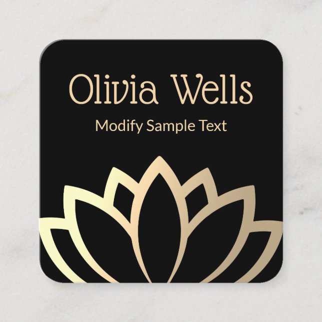 Modern Faux Gold Foil Lotus Flower Black Square Business Card (Front)