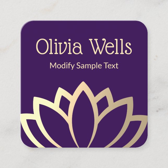 Modern Faux Gold Foil Lotus Flower Purple Square Business Card (Front)