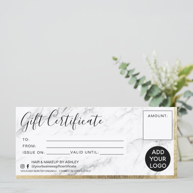 Modern faux gold foil marble gift certificate logo (Standing Front)