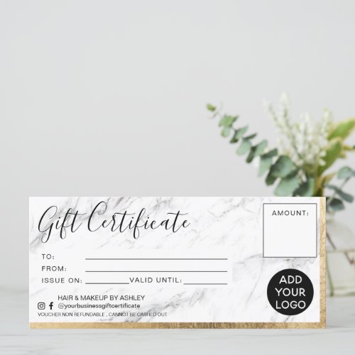 Modern faux gold foil marble gift certificate logo