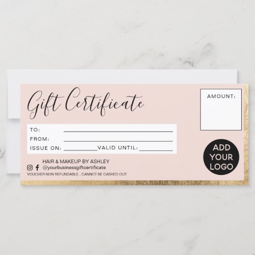 Modern faux gold foil pink gift certificate logo