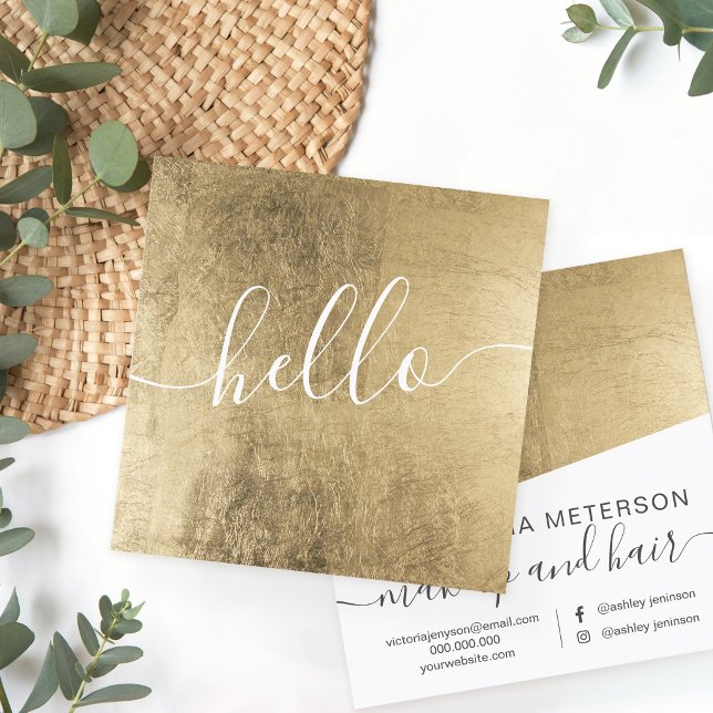 Modern faux gold foil script beauty girly hello square business card