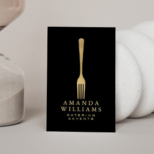Modern Faux Gold Fork Catering Logo Black Vertical Business Card
