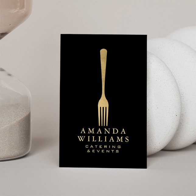 Modern Faux Gold Fork Catering Logo Black Vertical Business Card (Creator Uploaded)
